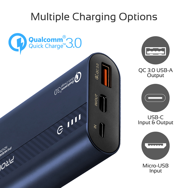 Promate 10000mAh PowerTank-10 USB-C Power Bank, Compact Palm Size 18W USB Type-C Input /Output Power Delivery External Battery Charger with QC 3.0 Port for iPhone XS /XS Max, Samsung S9/S9+, Blue